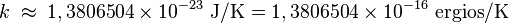    k
   \; \approx \;
   1,3806504 \times 10^{-23}\rm\ J/K =
   1,3806504 \times 10^{-16}\rm\ ergios/K
